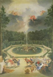 Die Haine von Versailles. Ansicht des Brunnens von Enceladus mit dem Fest von Lycaon
